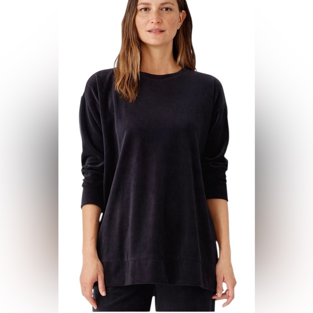 Eileen Fisher Black Velour Tunic Oversized Organic Cotton Blend Long Women's Med